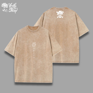 Luffy Washed Shirt A black oversized t-shirt with a graphic on the front and a different design on the back, featuring a character resembling Luffy from the anime series.