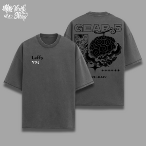 Black oversized t-shirt with 'Luffy' text and anime character design on the front.