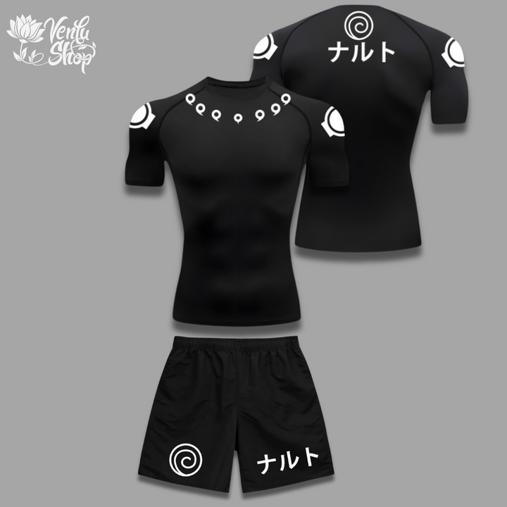 Madara Set — inspired by Naruto A black gymwear set with a short-sleeved compression shirt and matching baggy shorts, featuring white and gray geometric patterns and the text 'MADARA'.