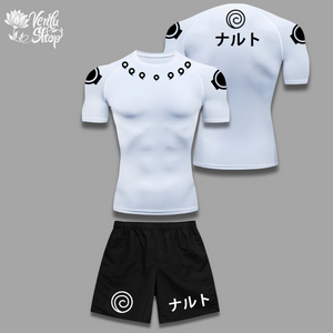 Madara Set — inspired by Naruto A black gymwear set with a short-sleeved compression shirt and matching baggy shorts, featuring white and gray geometric patterns and the text 'MADARA'.