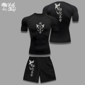 Maki Set — inspired by Jujutsu Kaisen A white compression shirt with black shorts, featuring anime character designs.