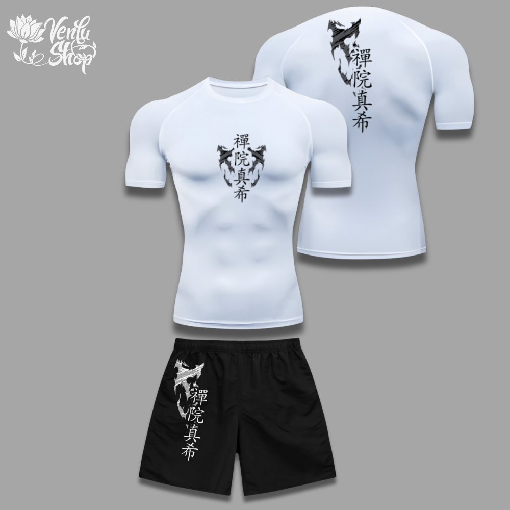 Maki Set — inspired by Jujutsu Kaisen A white compression shirt with black shorts, featuring anime character designs.