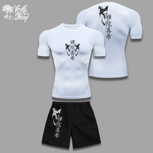 Maki Set — inspired by Jujutsu Kaisen A white compression shirt with black shorts, featuring anime character designs.