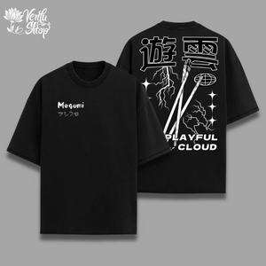 Megumi Oversized Shirt&nbsp; inspired by Jujutsu Kaisen A white oversized t-shirt with text and graphic design, featuring a name 'MEGUMI' on the front.