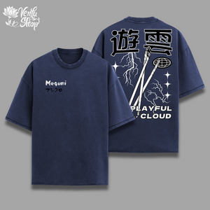 Megumi Oversized Shirt&nbsp; inspired by Jujutsu Kaisen A white oversized t-shirt with text and graphic design, featuring a name 'MEGUMI' on the front.