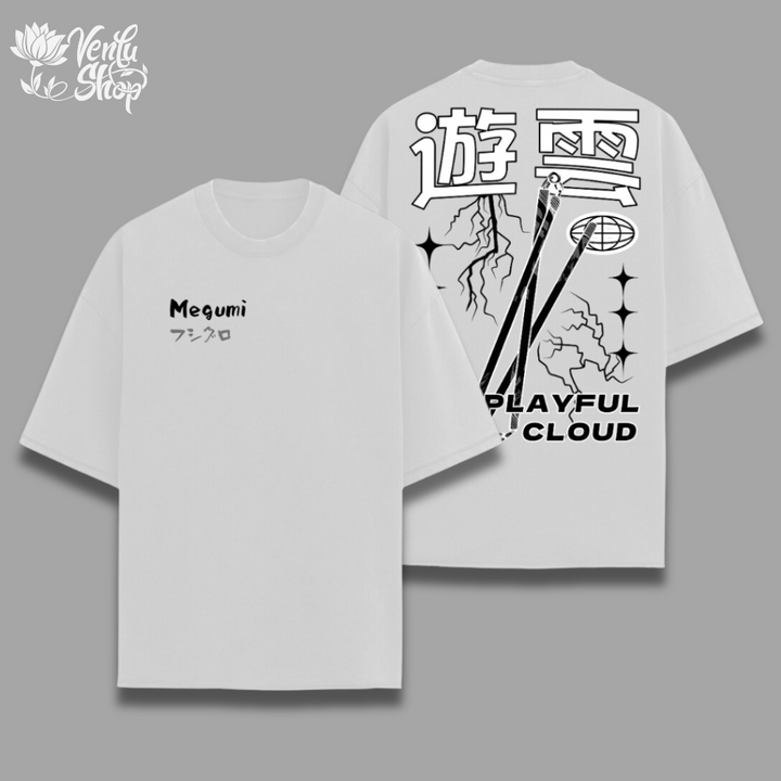 Megumi Oversized Shirt&nbsp; inspired by Jujutsu KaisenA white oversized t-shirt with text and graphic design, featuring a name 'MEGUMI' on the front.