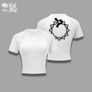 Meliodas Cropped Compression Shirt A black short sleeve cropped compression shirt with a white graphic design on the back.