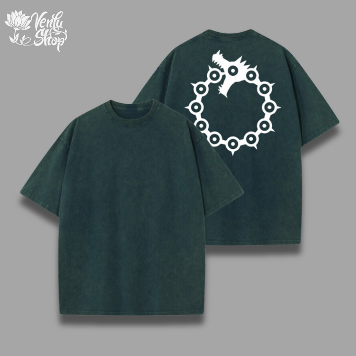  Meliodas Washed Shirt  A green oversized t-shirt with a graphic design in the center, displayed front and back.