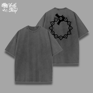  Meliodas Washed Shirt  A green oversized t-shirt with a graphic design in the center, displayed front and back.