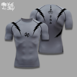  Sanemi Compression Shirt — inspired  A short-sleeve compression shirt with a Demon Slayer anime character design, predominantly white with black and gray accents.