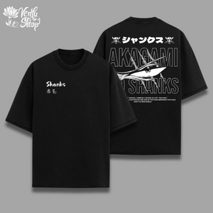  Shanks Oversized Shirt — inspired by One Piece,  A brown oversized t-shirt with text and a graphic design, displayed front and back.
