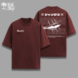  Shanks Oversized Shirt — inspired by One Piece,  A brown oversized t-shirt with text and a graphic design, displayed front and back.