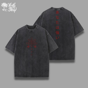  Sukuna Washed Shirt  Oversized gray t-shirt with a graphic design in the center and Japanese text on the back.