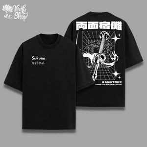  Sukuna Oversized Shirt  A maroon-colored, oversized t-shirt with a graphic print of an anime character on the front and the text 'SUKUNA' on the left chest area. The brand name 'KAMUTOKE' is also visible on the shirt.