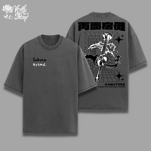 Sukuna Oversized Shirt  A maroon-colored, oversized t-shirt with a graphic print of an anime character on the front and the text 'SUKUNA' on the left chest area. The brand name 'KAMUTOKE' is also visible on the shirt.