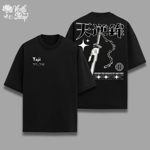 Toji Oversized Shirt , Black oversized t-shirt with a graphic print featuring a sword and the name 'Toji' on the front.