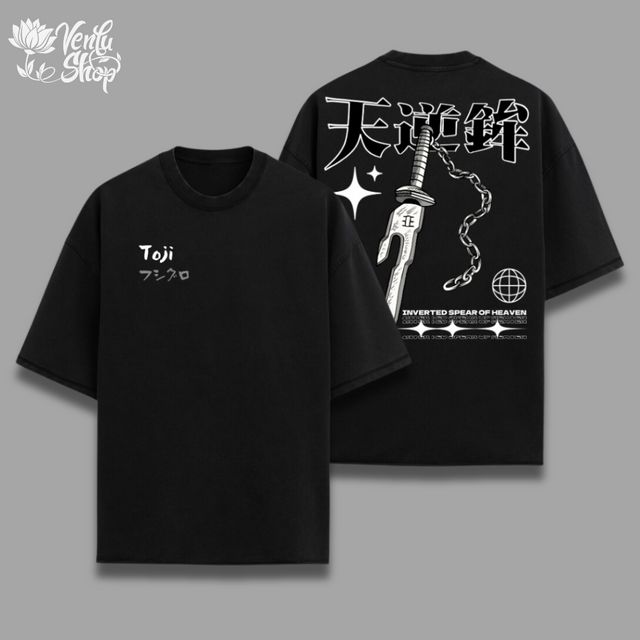 Toji Oversized Shirt , Black oversized t-shirt with a graphic print featuring a sword and the name 'Toji' on the front.