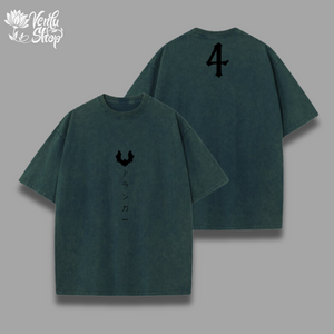 oversized washed shirt Two oversized green t-shirts with a small number 4 on the chest and what appears to be Japanese characters on the front, laid out flat.
