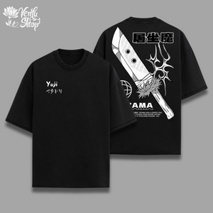 A purple oversized t-shirt with a graphic of a character holding a sword and the text 'YUJI' on the front, and the brand 'VENLUSHOP' at the top.