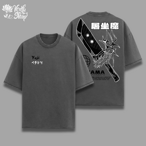 A purple oversized t-shirt with a graphic of a character holding a sword and the text 'YUJI' on the front, and the brand 'VENLUSHOP' at the top.