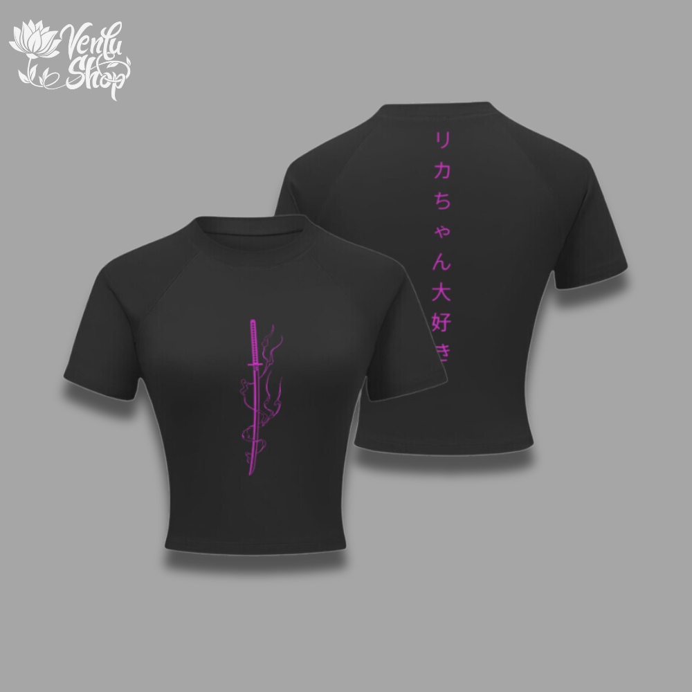 Yuta Cropped Compression Shirt A black short-sleeved cropped compression shirt with a character design in purple on the back.