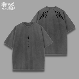  Zenitsu Washed Shirt  Black oversized t-shirt with white graphic design on the back and front featuring a character from 'Demon Slayer'.