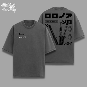 A green oversized t-shirt with 'Zoro' text on the front and various anime-themed graphics such as swords and characters.