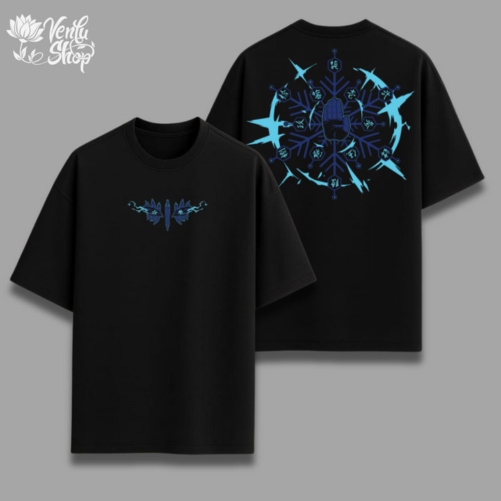 Akaza anime-inspired Black t-shirt with blue graphic design on front and back, displayed on a gray background.