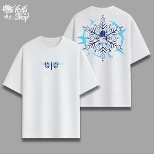 Akaza anime-inspired White t-shirt with blue geometric snowflake design on a gray background