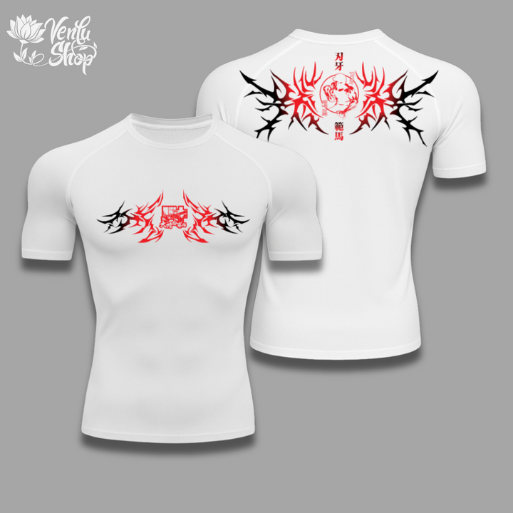 Baki anime-inspired White t-shirt with black and red tribal designs on a gray background
