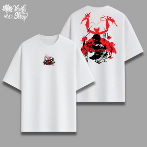 Baki anime-inspired White t-shirt with red and black graphic design on a gray background