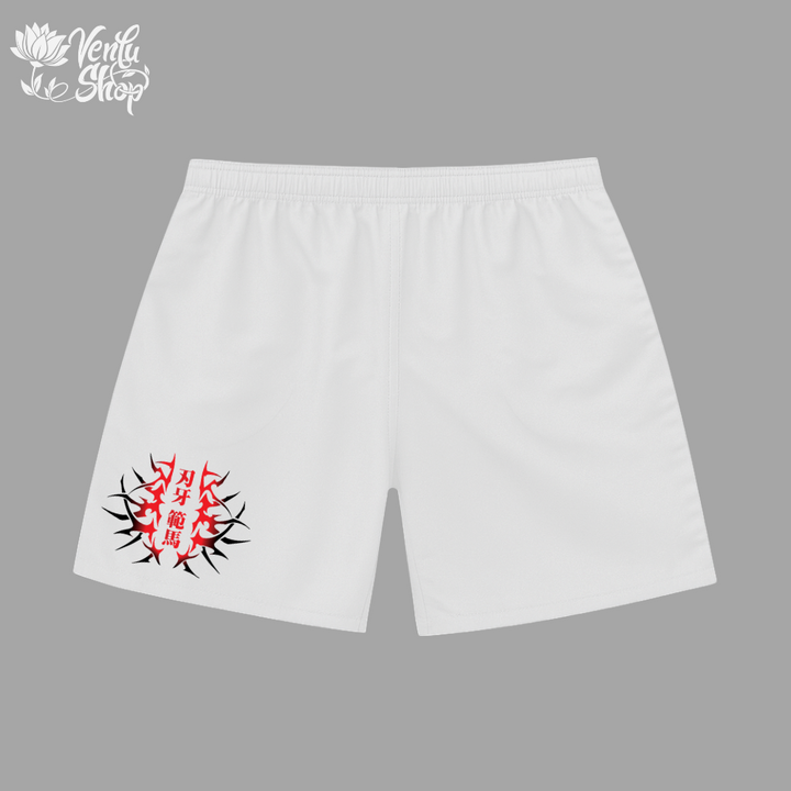 Baki anime-inspired White shorts with red and black design on a gray background
