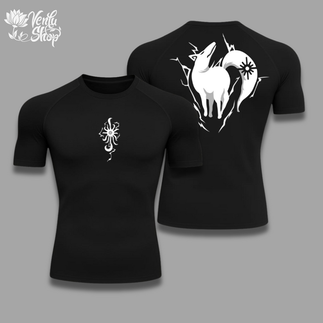 Ban anime-inspired Black t-shirt with white scorpion design on front and unicorn on back, displayed on a gray background.