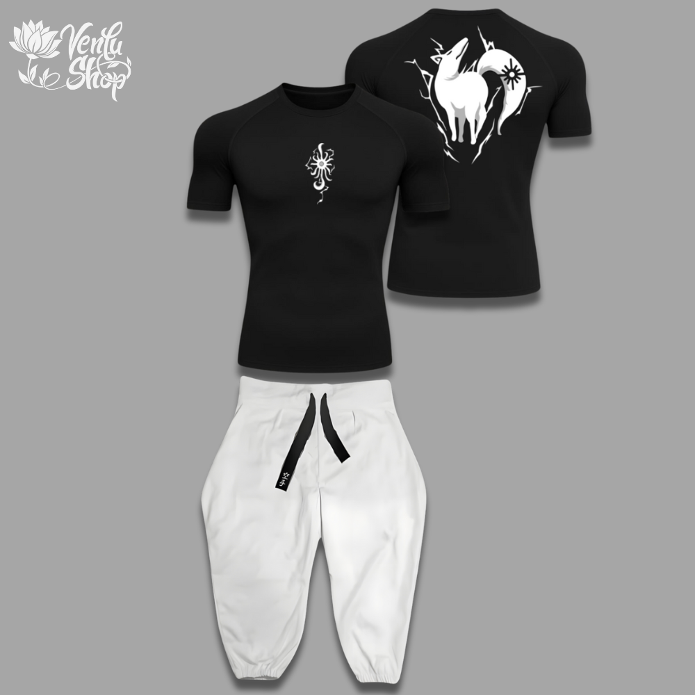 Ban anime-inspired Black t-shirt with white graphic design and white pants on a gray background