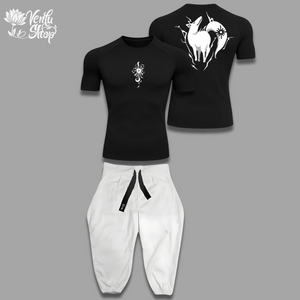 Ban anime-inspired Black t-shirt with white graphic design and white pants on a gray background