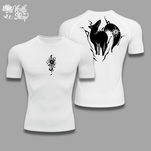 Ban anime-inspired White t-shirt with black abstract designs on a gray background