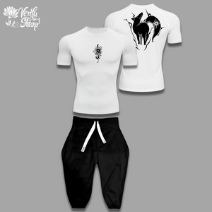 Ban anime-inspired White t-shirt with black graphic design and black pants on a gray background