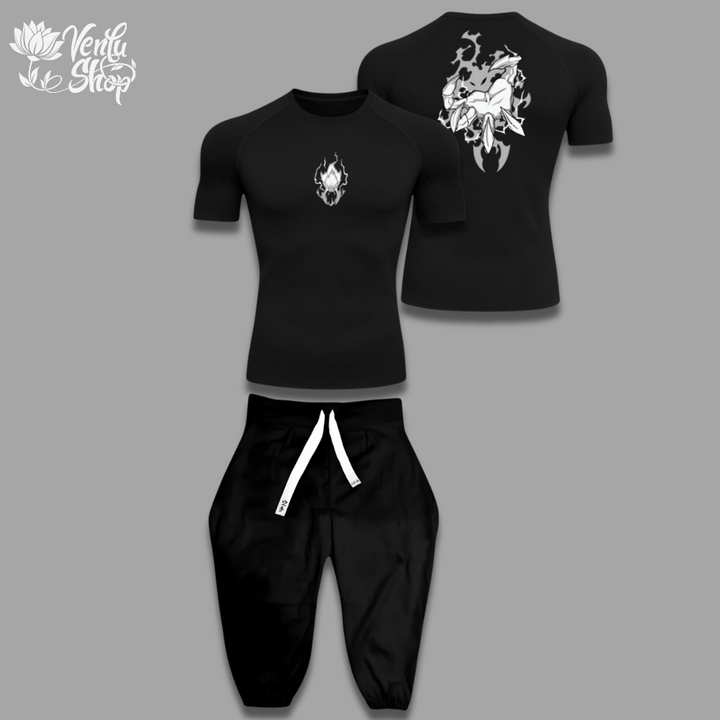 Beru anime-inspired Black t-shirt and pants set with white designs on a gray background