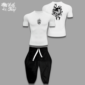 Beru anime-inspired White t-shirts with black graphics and black pants on a gray background