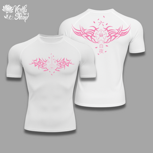 Byakuya anime-inspired White t-shirt with pink tribal designs on a gray background