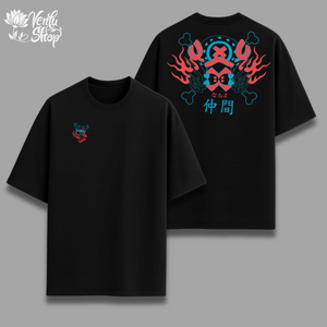 Chopper anime-inspired Black t-shirt with colorful designs on front and back against a gray background