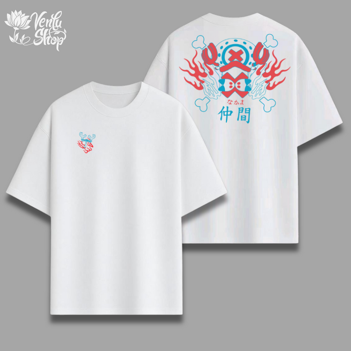 Chopper anime-inspired White t-shirt with colorful designs on front and back, featuring a brand logo at the top.