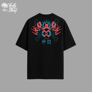 Chopper anime-inspired Black t-shirt with colorful graphic design on the back against a gray background