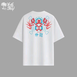 Chopper anime-inspired White t-shirt with colorful graphics and text on the back against a gray background
