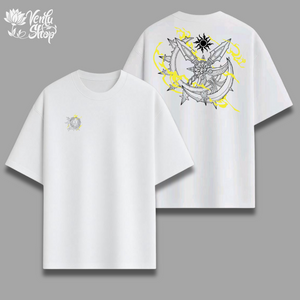 Escanor anime-inspired White t-shirt with graphic designs on a gray background