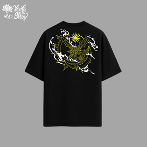 Escanor anime-inspired Black t-shirt with white and yellow graphic design on a gray background
