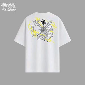 White t-shirt with a black and yellow graphic design on the back against a gray background