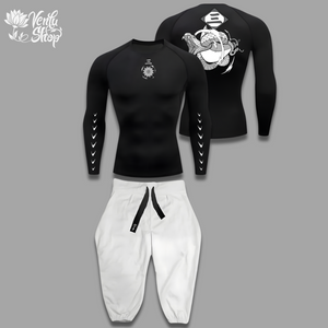 Gin anime-inspired Black long-sleeve shirt with white graphics and white pants on a gray background, featuring the Verda Hop brand.