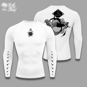 Gin anime-inspired White long-sleeve shirt with black designs on a gray background