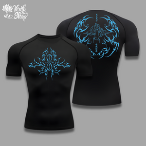 Gojo anime-inspired Black t-shirt with blue tribal designs on front and back, Verda Hoop logo visible.